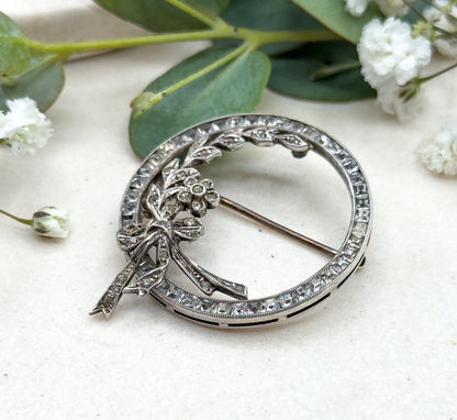 Antique Art Deco Floral Circle Brooch with Bow in Sterling Silver Antique Paste Wreath Brooch