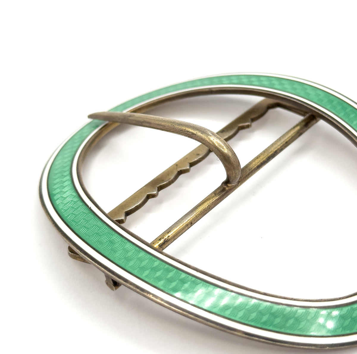 Edwardian Green Guilloche Enamel Buckle in Sterling Silver — view 8 of 10