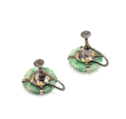 Reverse view of both earrings against white, showing the sterling silver backplates with patina, the curved screw-back arms and the milled discs on each threaded screw post.