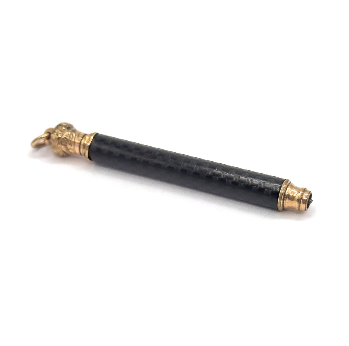 Full-length diagonal view on white, the whole pencil in one frame: jump ring and chased gold filled cap at upper left, textured black rubber barrel, telescoping tip at lower right.
