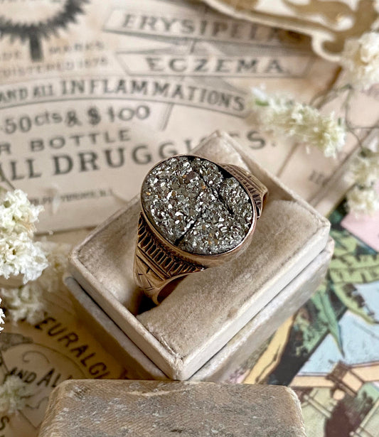 Victorian Pyrite Fools gold Ring in 10K Yellow Gold Signet Style