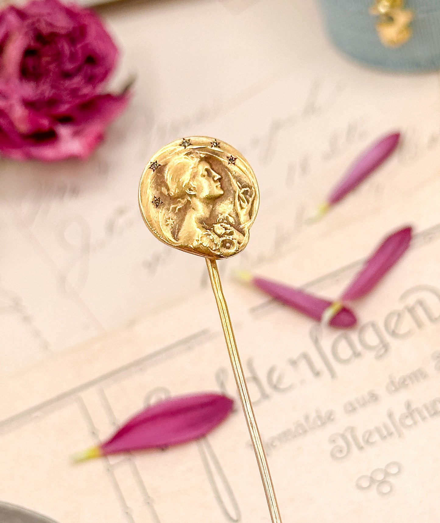 RARE Art Nouveau Stick Pin by Frédéric de Vernon, Antique Medallion pin, La Nuit French Pin