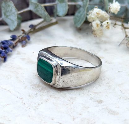 Vintage Mens Malachite Sterling Silver Signet Ring Large