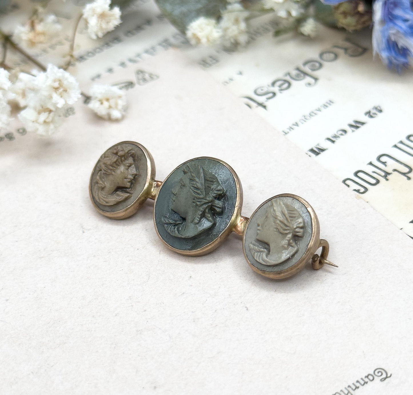 Antique Lava Cameo Brooch with Three Cameos Bezel Set Bar Brooch Grand Tour Souvenir