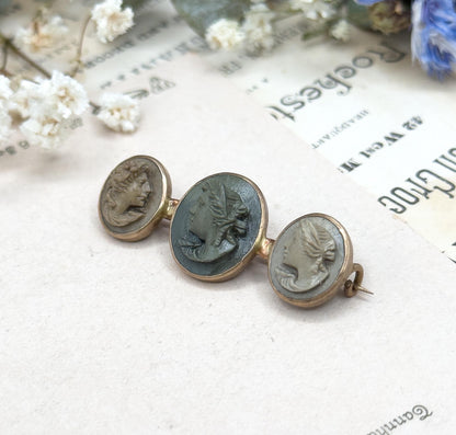 Antique Lava Cameo Brooch with Three Cameos Bezel Set Bar Brooch Grand Tour Souvenir