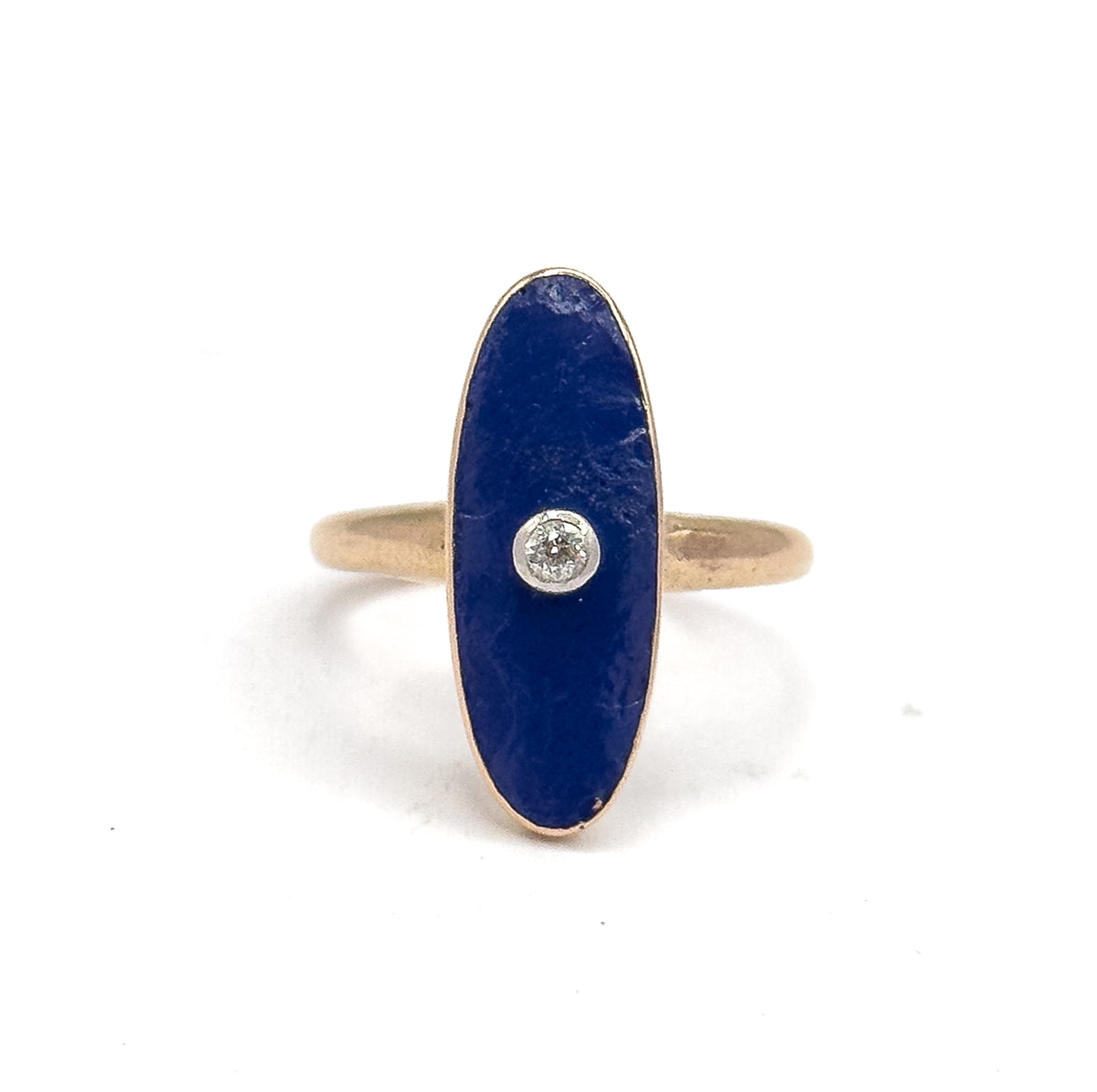 Edwardian Blue Enamel & Diamond Navette Ring in 10K Yellow Gold