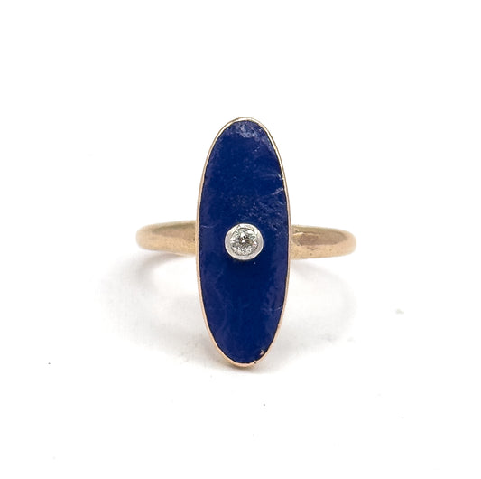 Edwardian Blue Enamel & Diamond Navette Ring in 10K Yellow Gold