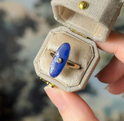 Edwardian Blue Enamel & Diamond Navette Ring in 10K Yellow Gold