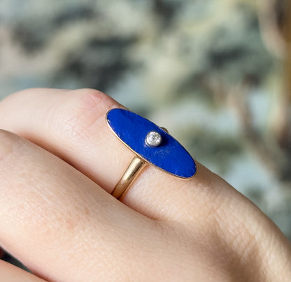 Edwardian Blue Enamel & Diamond Navette Ring in 10K Yellow Gold