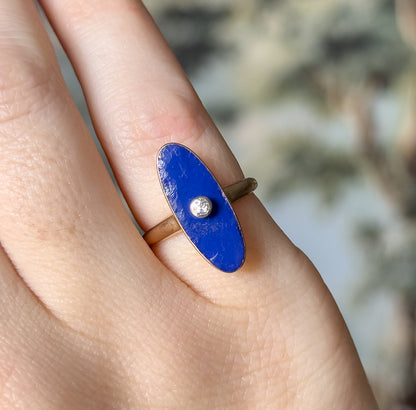Edwardian Blue Enamel & Diamond Navette Ring in 10K Yellow Gold