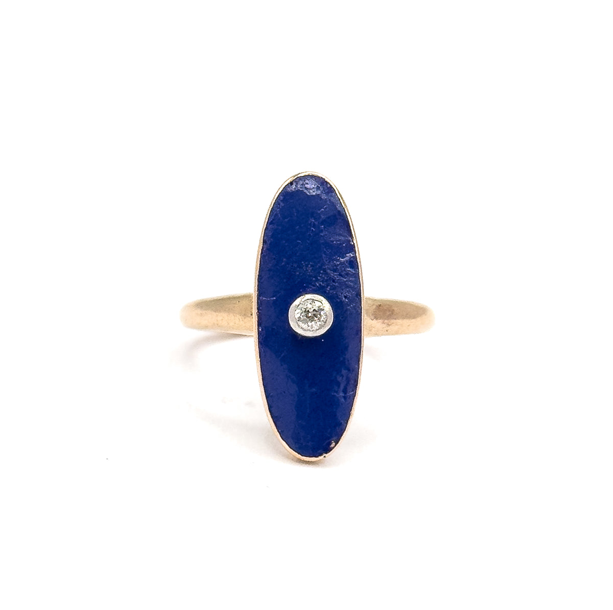 Edwardian Blue Enamel & Diamond Navette Ring in 10K Yellow Gold