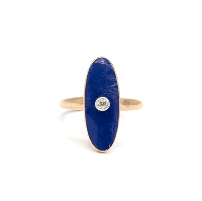 Edwardian Blue Enamel & Diamond Navette Ring in 10K Yellow Gold