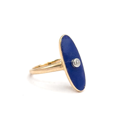 Edwardian Blue Enamel & Diamond Navette Ring in 10K Yellow Gold