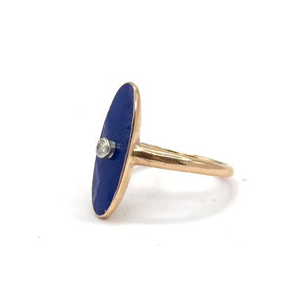 Edwardian Blue Enamel & Diamond Navette Ring in 10K Yellow Gold
