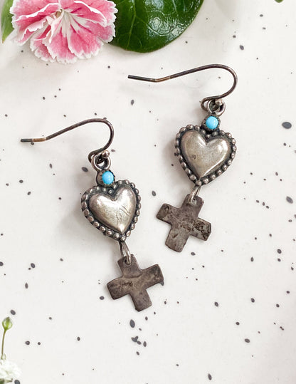 Vintage Silver heart & cross dangle earrings with Turquoise
