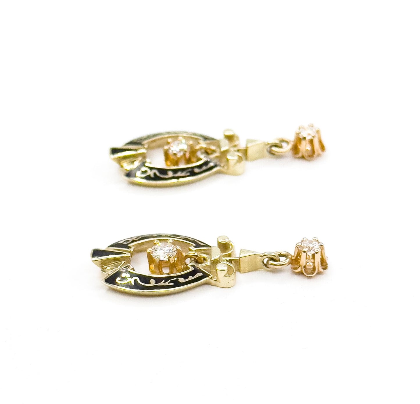 Vintage Diamond Dangle Stud Earrings in Black Enamel 14K Yellow Gold