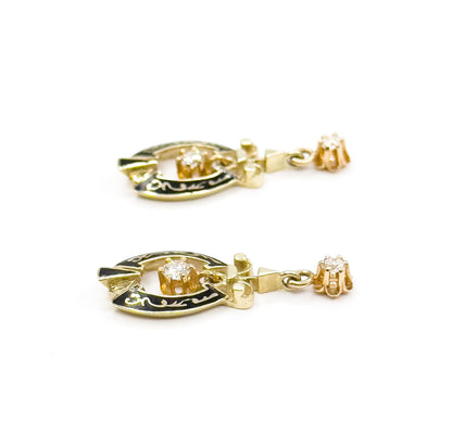 Vintage Diamond Dangle Stud Earrings in Black Enamel 14K Yellow Gold
