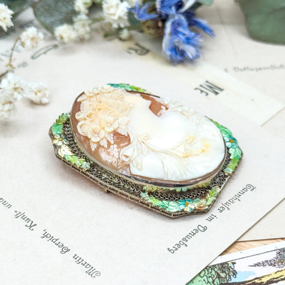 Edwardian Carved Cameo Flora in White Gold w Enamel Details