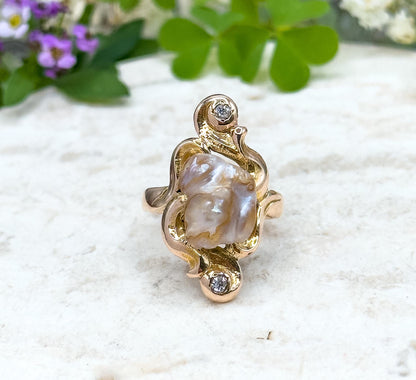 Antique Art Nouveau Baroque Pearl Ring with Old European Cut Diamonds