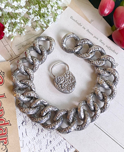 Victorian Repousse Puffy Link Chain Bracelet in Silver w Padlock heart