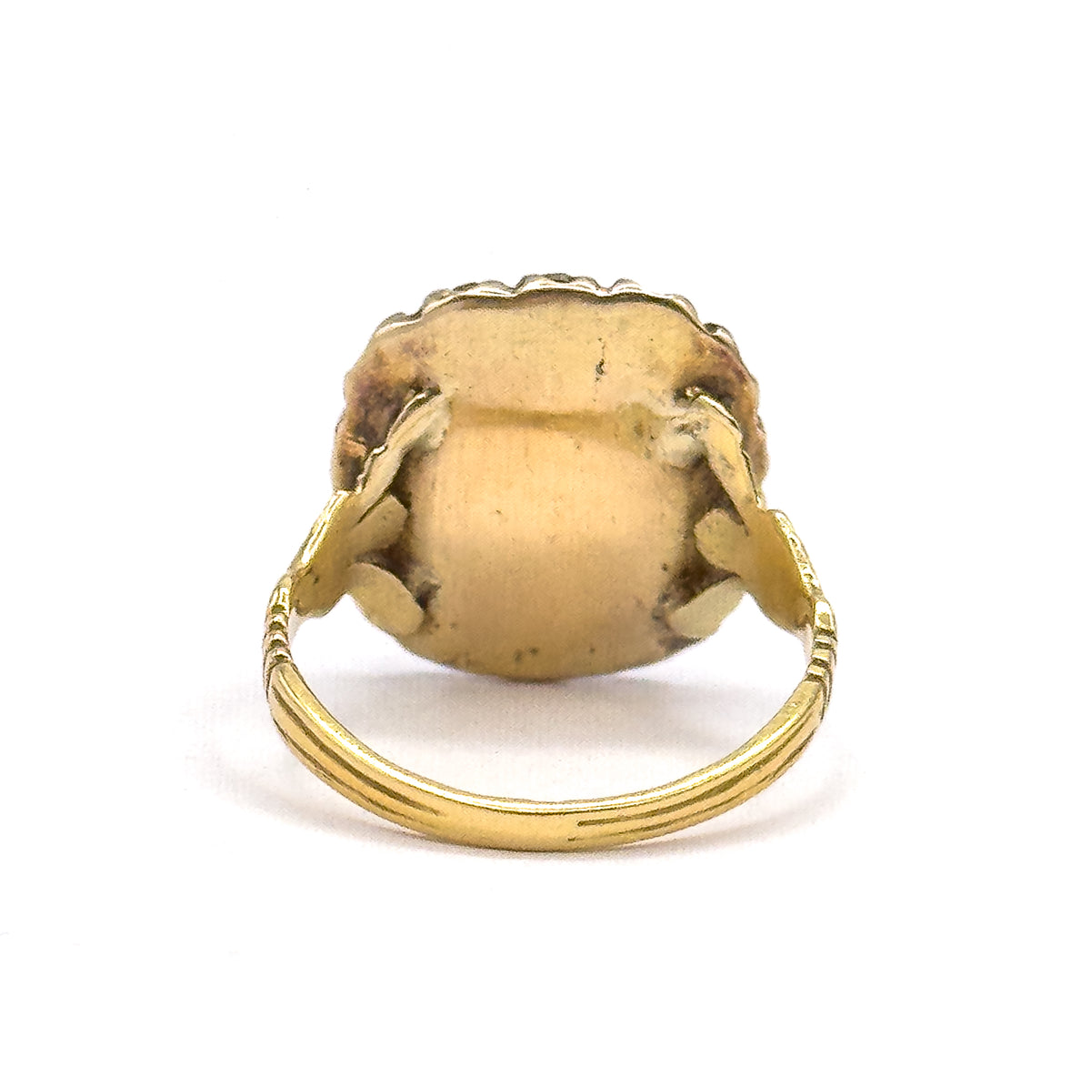 Looking straight at the closed-back gold underside, the solid backplate sits flat within the scalloped halo edge, split shoulders branching to each side above the grooved shank.