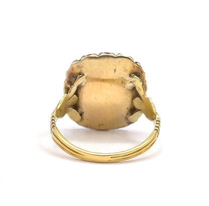 Looking straight at the closed-back gold underside, the solid backplate sits flat within the scalloped halo edge, split shoulders branching to each side above the grooved shank.