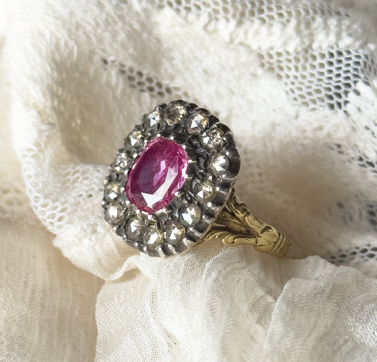 Georgian Pink Sapphire & Rose-Cut Diamond Ring in Silver-Topped Gold
