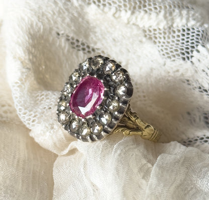 Georgian Pink Sapphire & Rose-Cut Diamond Ring in Silver-Topped Gold