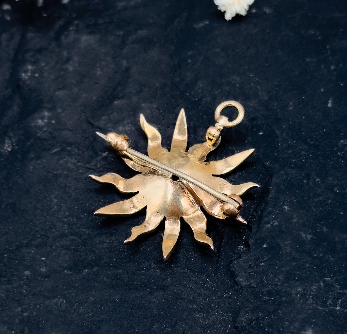 Antique Diamond Star Pendant w Seed Pearls Edwardian 12K Yellow Gold