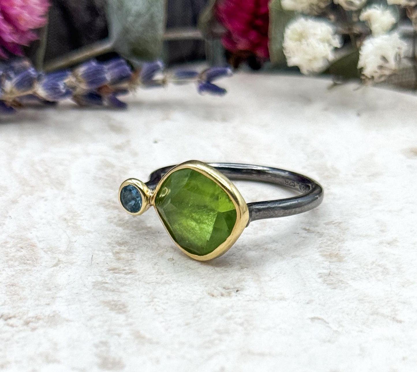 Artisan Rough Cut Peridot Ring with Blue Topaz Accent in Sterling Silver with 18K Gold