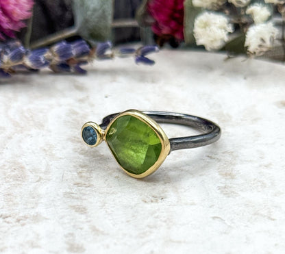 Artisan Rough Cut Peridot Ring with Blue Topaz Accent in Sterling Silver with 18K Gold
