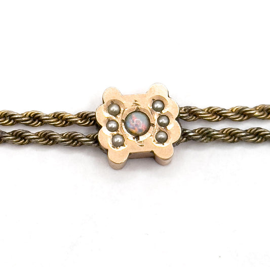 Antique Victorian Gold Filled Long Guard Chain with Opal Pearl Slider (AS IS)