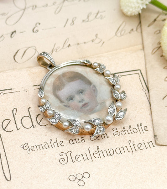 Antique watercolor portrait miniature in Platinum and 14k Gold Edwardian Portrait Pendant Locket