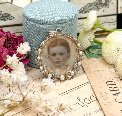 Antique watercolor portrait miniature in Platinum and 14k Gold Edwardian Portrait Pendant Locket