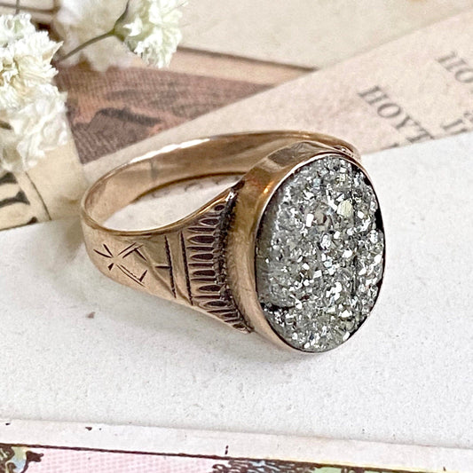 Victorian Pyrite Fools gold Ring in 10K Yellow Gold Signet Style