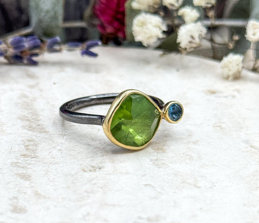 Artisan Rough Cut Peridot Ring with Blue Topaz Accent in Sterling Silver with 18K Gold