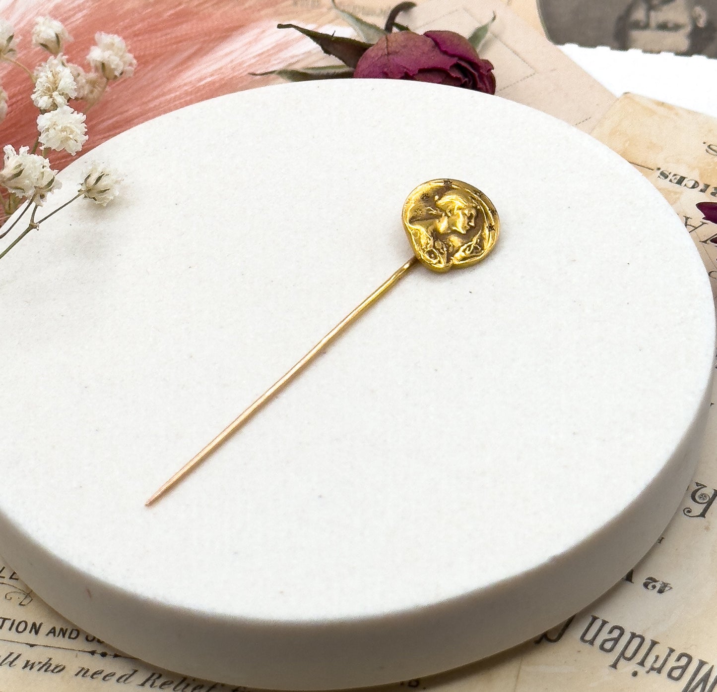 RARE Art Nouveau Stick Pin by Frédéric de Vernon, Antique Medallion pin, La Nuit French Pin