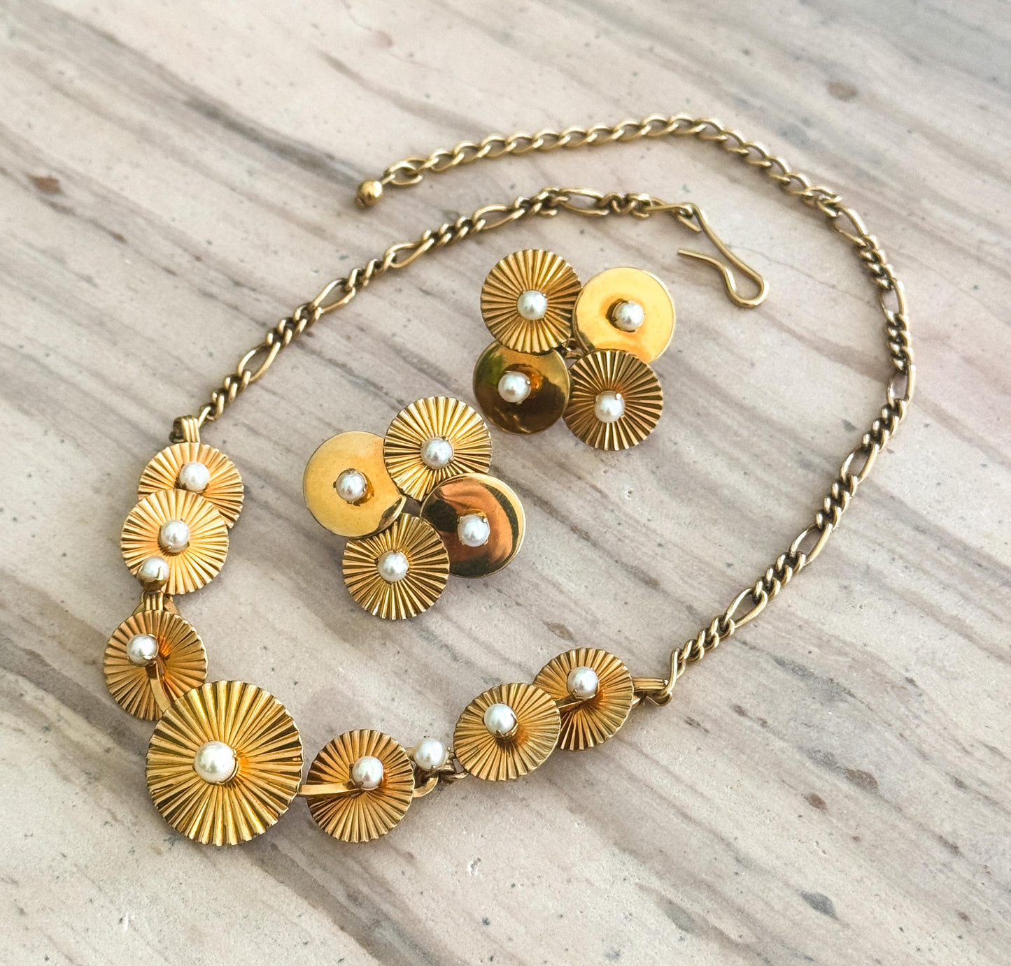 Vintage Midcentury necklace and earring set Engine turned disk necklace with Pearls