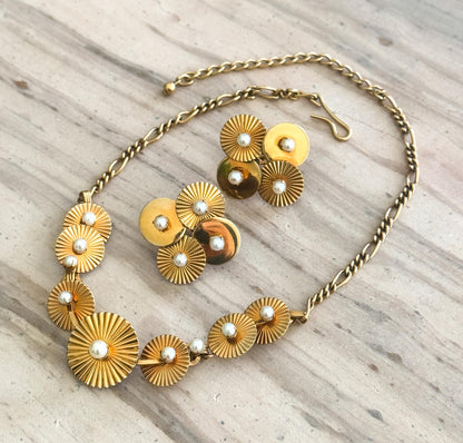 Vintage Midcentury necklace and earring set Engine turned disk necklace with Pearls