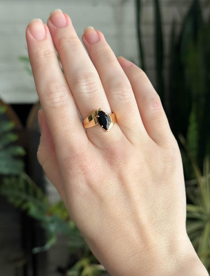 Vintage Onyx Marquise Ring in 14K Yellow Gold 1980s Vintage Ring