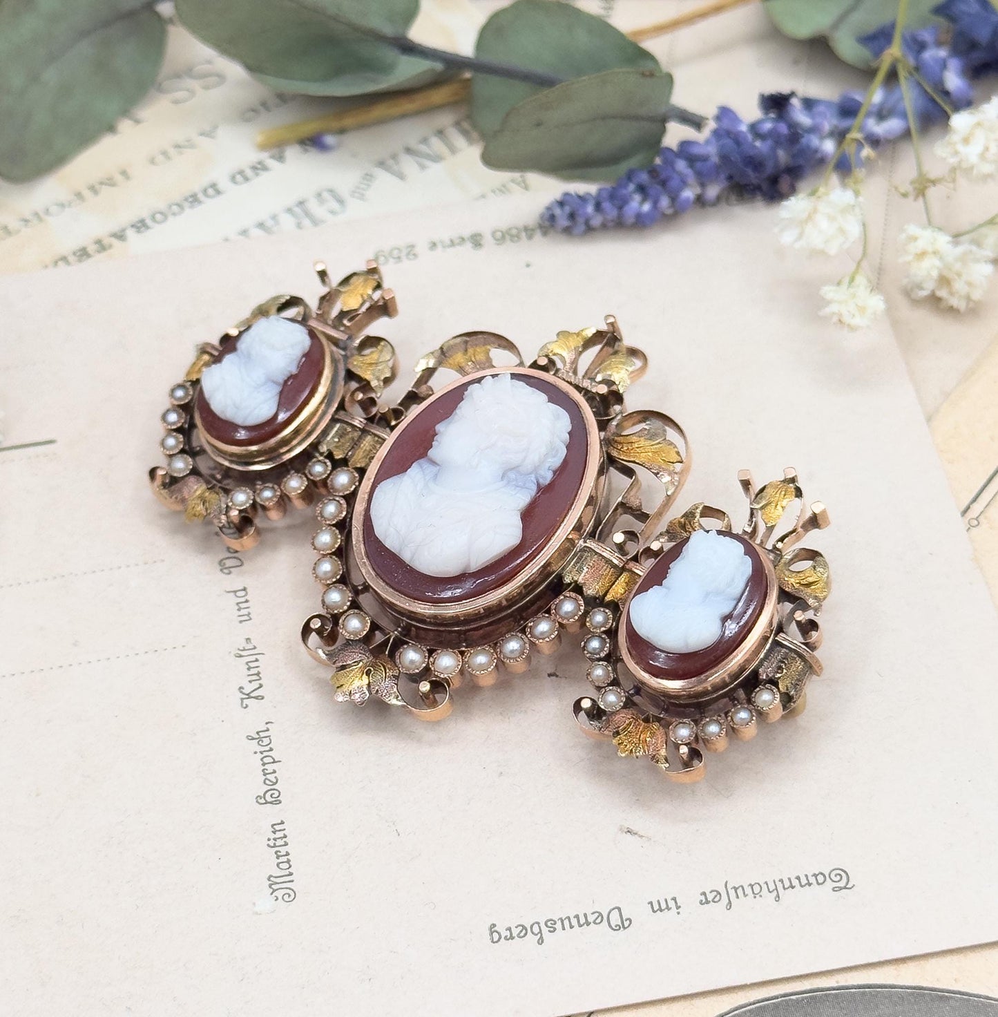 Victorian Cameo Brooch: 12K Rose Gold, Sardonyx, Seed Pearls, Elizabethan Style