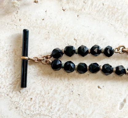 Victorian Ladies French Jet Watch Chain Fob Black Glass w T Bar