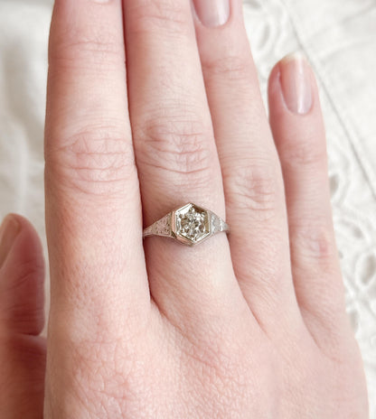 Art Deco Platinum Diamond Ring Filigree Hexagon Setting 1920s Engagement Ring Half Carat Round Brilliant Size 6.75 Vintage Bridal