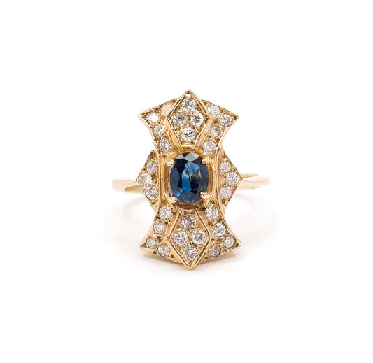 Vintage Pave Diamond & Blue Sapphire Shield ring in 14K Yellow Gold
