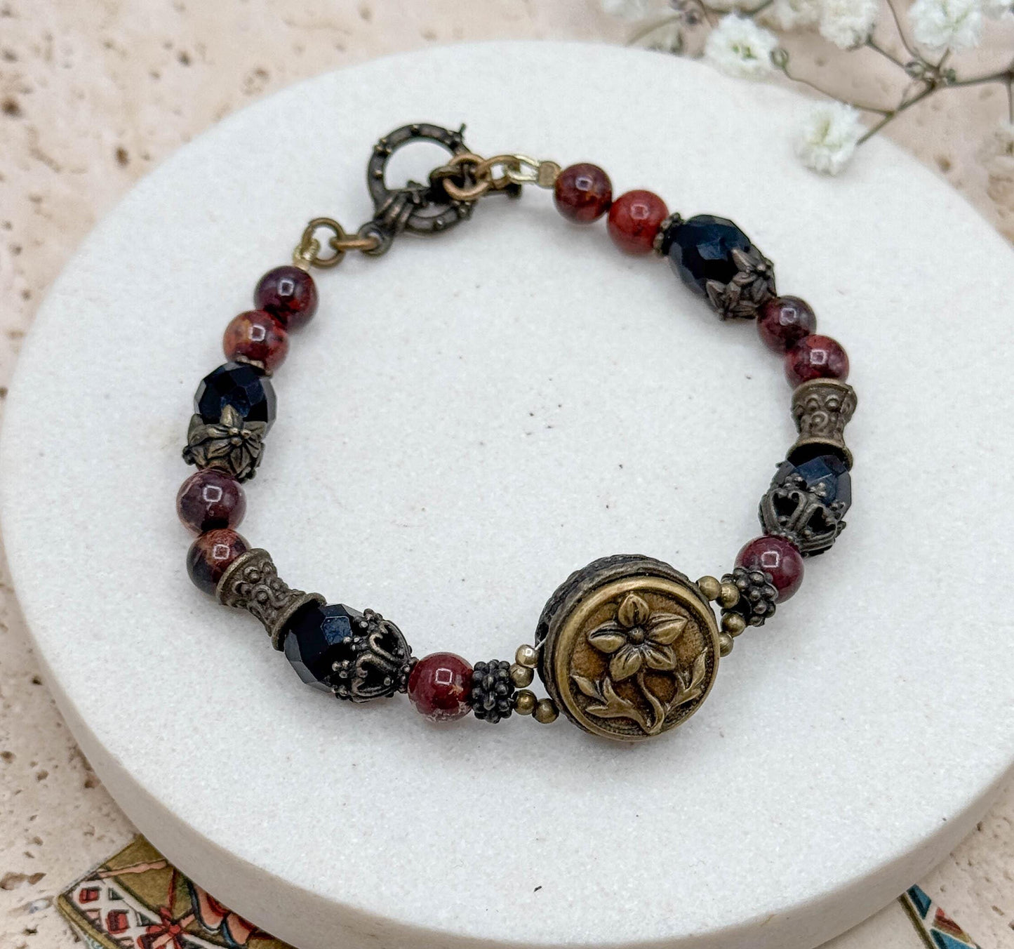 Antique Perfume Button Bracelet w Jasper beads and Victorian Button