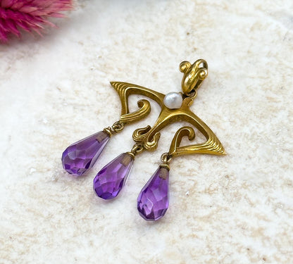 Antique Art Nouveau Pendant w Amethyst Briolette Drops in 14K Yellow Gold Jugenstil