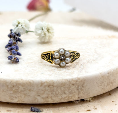 Antique Mourning Ring 14K Solid Gold Victorian RIng with Black Enamel & Rose Cut Diamond