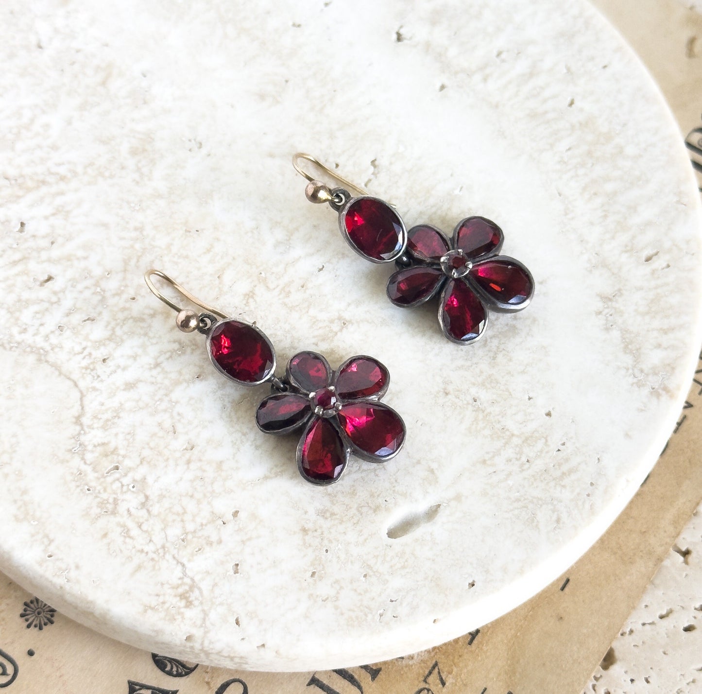 Antique Georgian Garnet Pansy Earrings Flat Cut Garnets