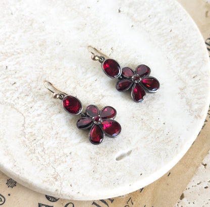 Antique Georgian Garnet Pansy Earrings Flat Cut Garnets