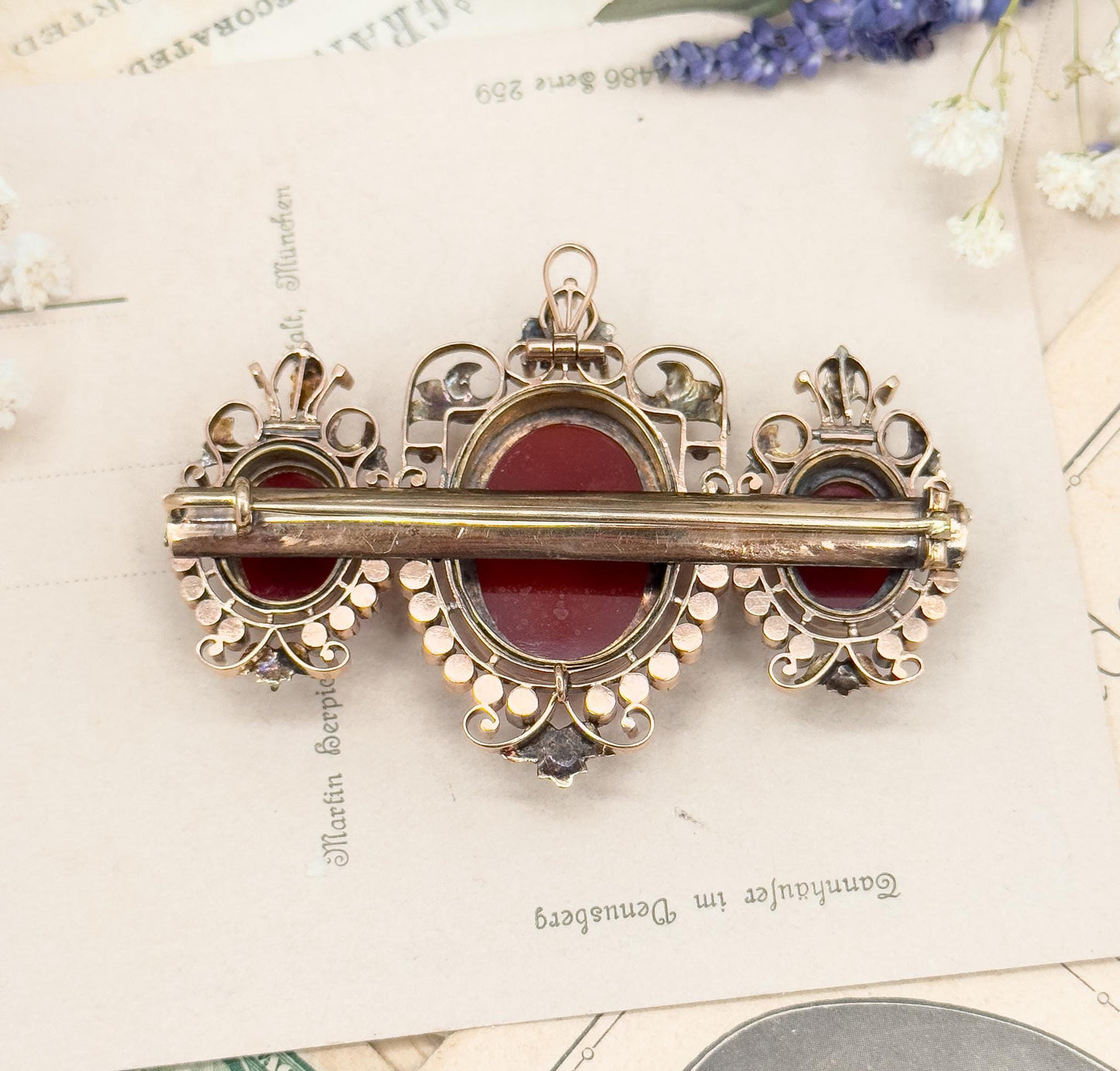 Victorian Cameo Brooch: 12K Rose Gold, Sardonyx, Seed Pearls, Elizabethan Style